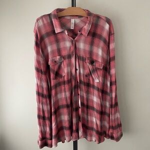 Warehouse One Pink Plaid Button Down Shirt Cowgirl Ranch Grunge Long Longline 2X